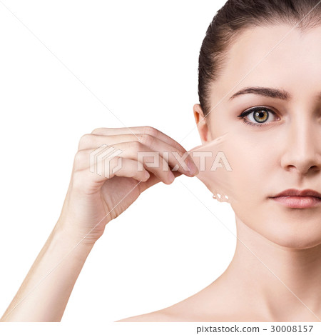 Woman remove her old dry skin from face. Woman remove her old dry skin from face. 30008157