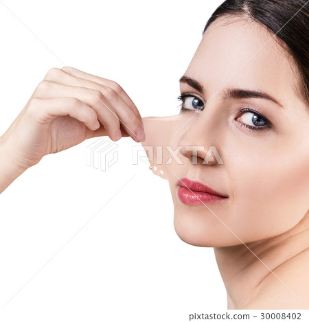 Woman remove her old dry skin from face. Woman remove her old dry skin from face. 30008402