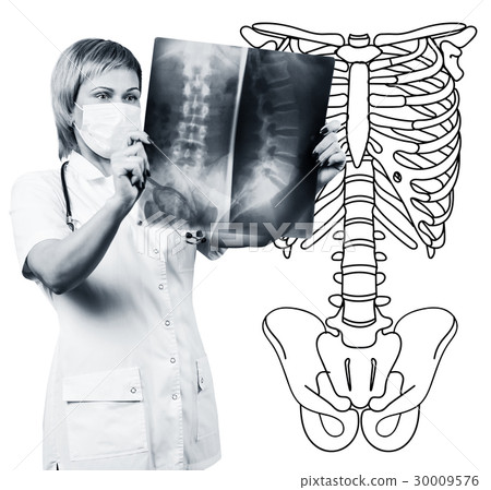 Female doctor looking at an x-ray. Female doctor looking at an x-ray. 30009576