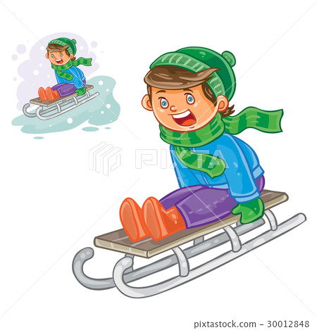 Vector winter illustration of small boy sledding 30012848