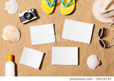 Summer vacation composition. Flip flops, hat and Summer vacation composition. Flip flops, hat and 30018156