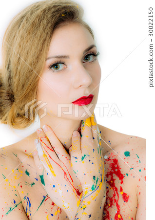Colorful woman portrait in paint with red lips Colorful woman portrait in paint with red lips 30022150
