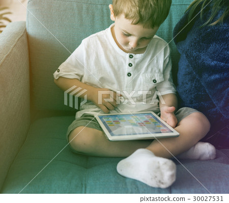 Son Boy Kid Playing Techie Digital Device Son Boy Kid Playing Techie Digital Device 30027531