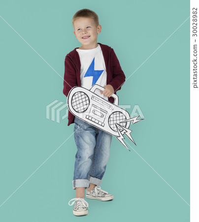 Portrait of a Little Blond Caucasian Boy with a Radio Isolated Portrait of a Little Blond Caucasian Boy with a Radio Isolated 30028982
