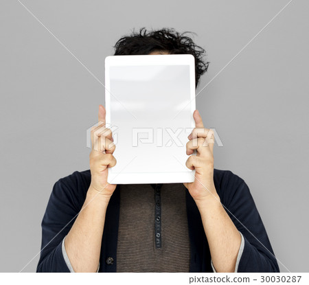 Asian Man Holding Tablet Advertisement Asian Man Holding Tablet Advertisement 30030287