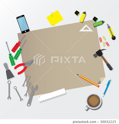 brown paper with stationery and tools equipment  30032225