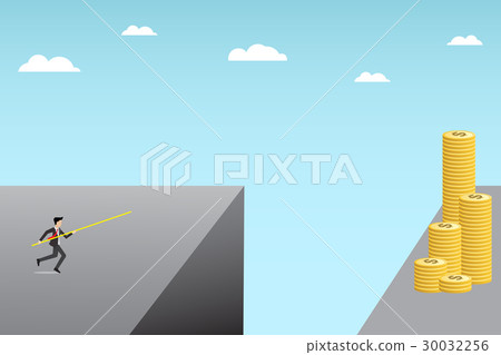businessman run with apole to jump over a cliff businessman run with apole to jump over a cliff 30032256