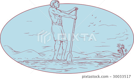 Guy Stand Up Paddle Tropical Island Oval Drawing Guy Stand Up Paddle Tropical Island Oval Drawing 30033517