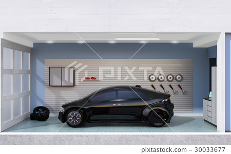 Image of a black car stopped at pastel color garage. Image of a black car stopped at pastel color garage. 30033677