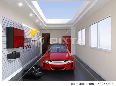The front image of the garage where the red electric car is stopped. The front image of the garage where the red electric car is stopped. 30033702