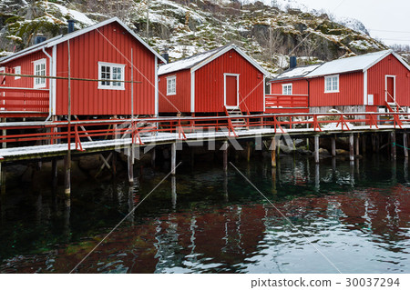 Traditional red cabins of Norway Traditional red cabins of Norway 30037294
