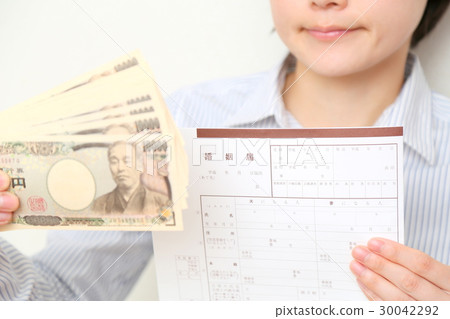 Woman with money and marriage notification White back Woman with money and marriage notification White back 30042292