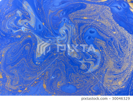 Blue and golden liquid texture. Watercolor hand 30046329