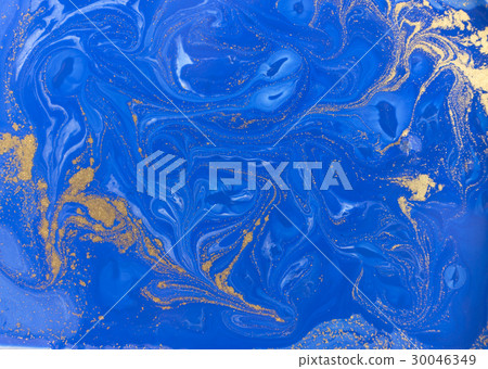 Blue and golden liquid texture. Watercolor hand 30046349