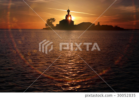 Summer sunset on the lake church 30052835