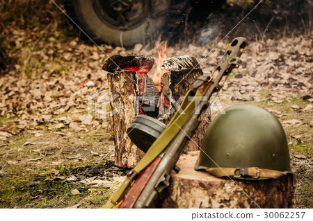 The weapon and helmet of the Soviet soldier 30062257