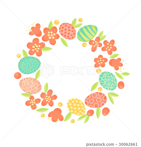 Easter wreath of flowers and painted eggs. Festive - Stock Illustration ...