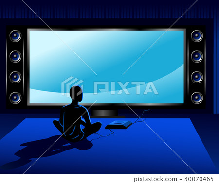 Boy playing video game console in front of tv set 30070465