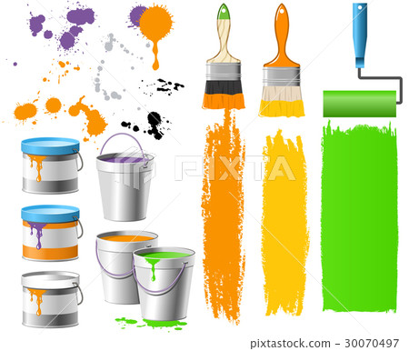 Buckets with paint and paintbrush 30070497