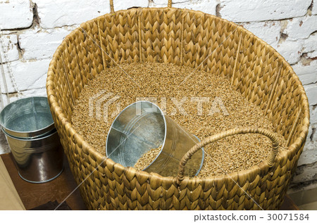 Wicker basket wit Eincorn wheat in a small bakery Wicker basket wit Eincorn wheat in a small bakery 30071584