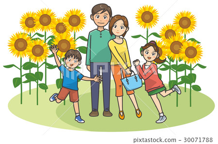 Image illustration of a family of four who are energetic and close friends and sunflowers 30071788