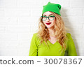 Trendy Smiling Hipster Girl. Greenery Colors. 30078367