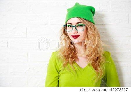 Trendy Smiling Hipster Girl. Greenery Colors. 30078367