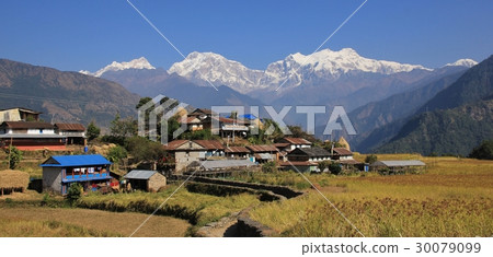 Village near Bhulbhule and snow capped Manaslu 30079099