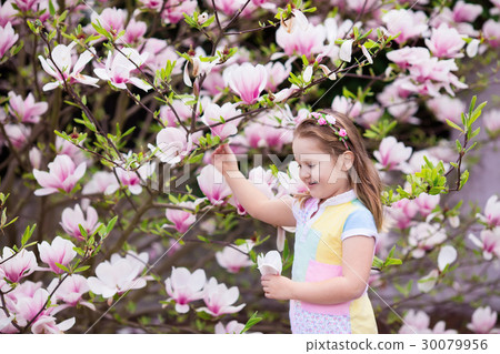 Child with magnolia flower. Girl with flowers 30079956