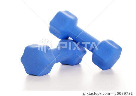 Fitness concept with two blue dumbbells on white Fitness concept with two blue dumbbells on white 30089781