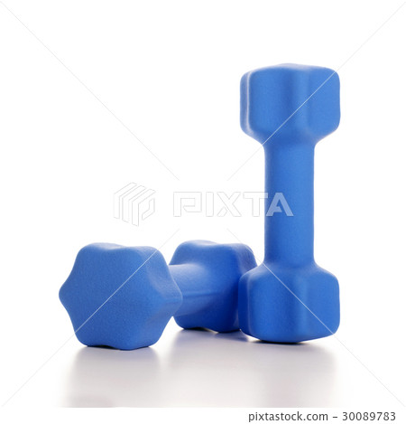 Fitness concept with two blue dumbbells on white Fitness concept with two blue dumbbells on white 30089783