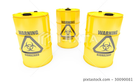 3D rendering biohazard barrels on white background 30090081