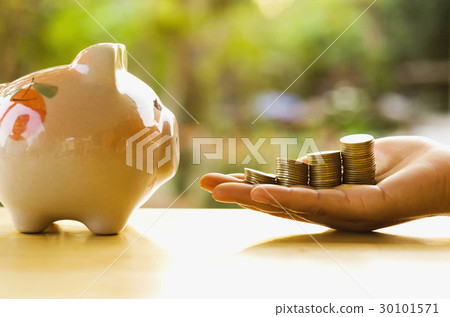 money stack on hand and piggy bank save concept 30101571