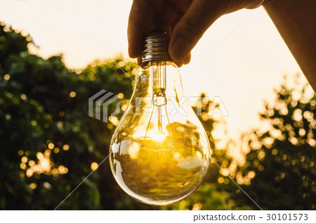 hand holding a light bulb with sunset  30101573