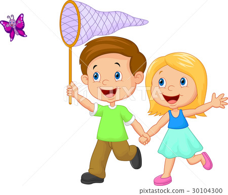 Cartoon kids catching butterfly Cartoon kids catching butterfly 30104300