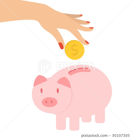 Piggy bank and hand with coin Piggy bank and hand with coin 30107305