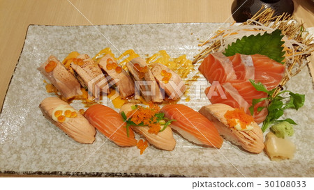 Salmon sushi and sashimi set on dish 30108033