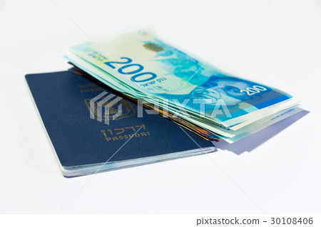 Israeli money bills of 200 shekel and passport 30108406