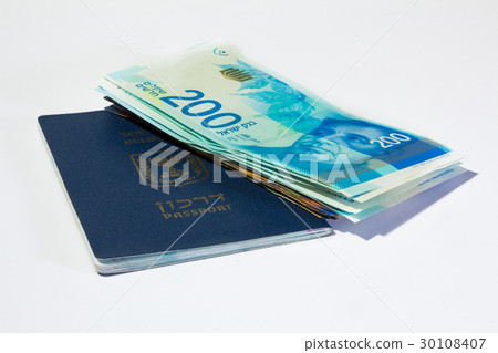 Israeli money bills of 200 shekel and passport 30108407