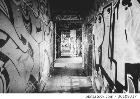 Graffiti corridor in abandoned factory 30109317