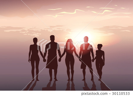 Silhouette People Group Stand Holding Hands Man Silhouette People Group Stand Holding Hands Man 30110533
