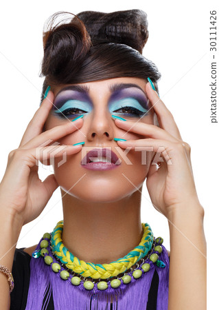 Beautiful girl with bright vivid purple make-up  30111426