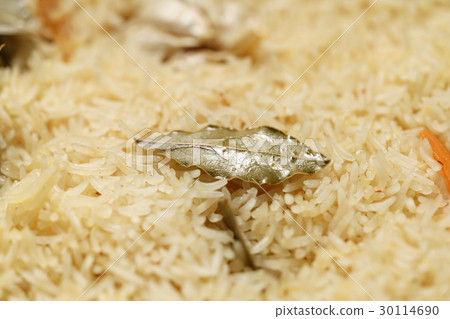 pilaf covered by rice with bay leaves preparing pilaf covered by rice with bay leaves preparing 30114690