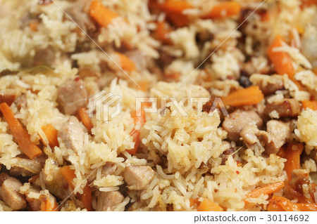 pilaf with pork closeup background photo pilaf with pork closeup background photo 30114692