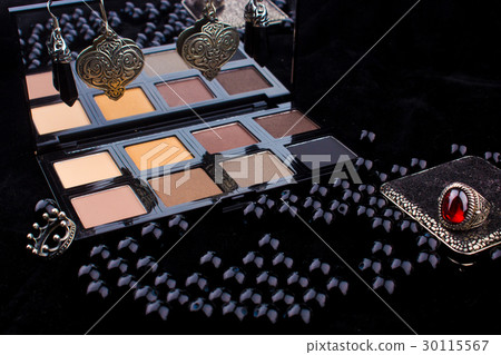 Makeup tools & Silver Accessories on black Fur  30115567