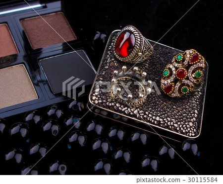 Makeup tools & Silver Accessories on black Fur  30115584