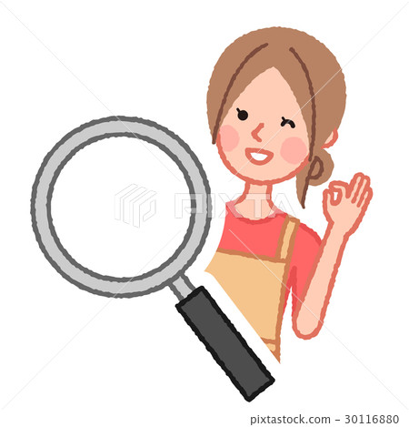 A woman with a magnifying glass and an OK sign A woman with a magnifying glass and an OK sign 30116880