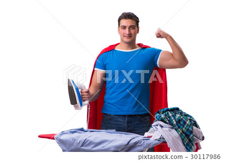 The super hero man husband ironing isolated on The super hero man husband ironing isolated on 30117986