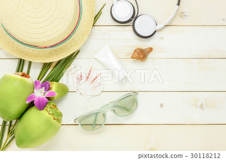 Top view essential travel summer items. 30118212