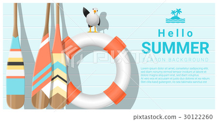 Hello summer background with lifebuoy and paddle 30122260